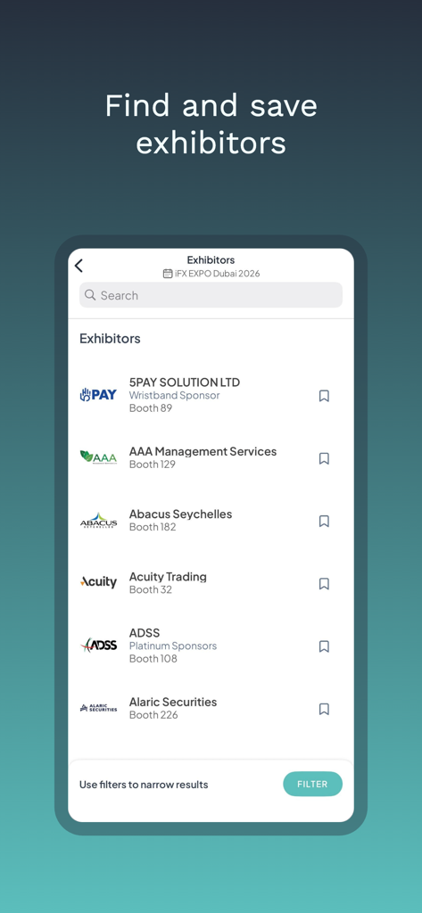 iFX EXPO - A mobile screen showing the iFX EXPO exhibitor list with company names booth numbers and a save feature
