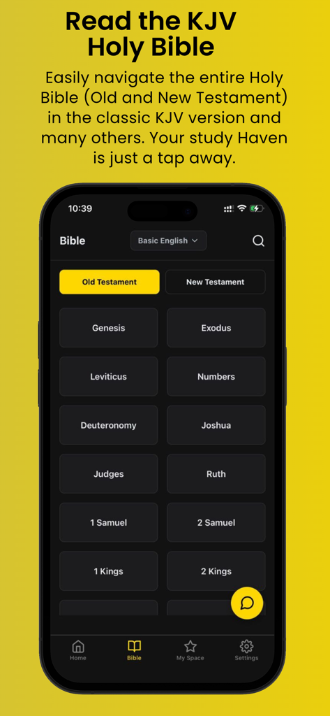 Interfaz de la aplicación BibleAI que muestra la lista de libros del Antiguo Testamento en la versión KJV.