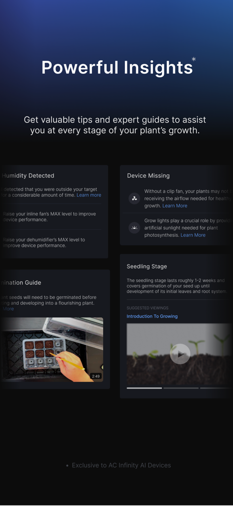 AC Infinity - Interfaz de la aplicación AC Infinity que muestra guías expertas de crecimiento de plantas e información ambiental