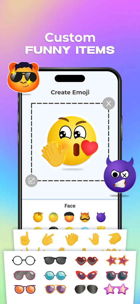 Smartphone screen showing the Emoji and Sticker Design Lab app with options to customize emojis using funny items like sunglasses and hand gestures