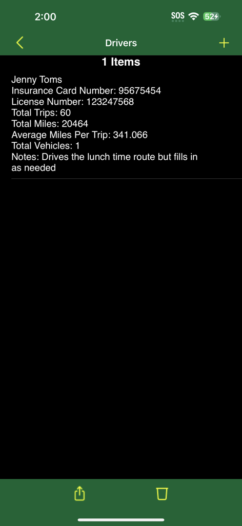 Track My Mileage And Expenses - Track My Mileageアプリの、詳細なドライバー情報とマイレージ統計画面。