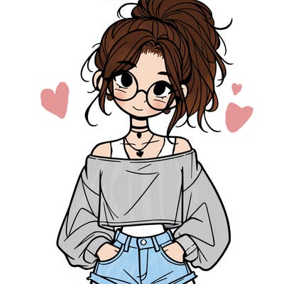 girl with a messy ponytail glasses a baggy crop top and jean shorts