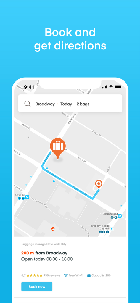 LuggageHero: Luggage Storage - Écran de l'application LuggageHero montrant les indications de la carte vers un lieu de consigne à New York
