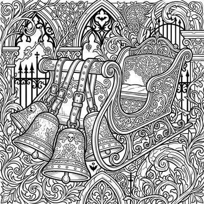 Step into a world of dark enchantment with this unique Gothic Sleigh Bells coloring page. Intricate Victorian details and melancholic elegance offer a captivating artistic challenge for all who dare to explore.