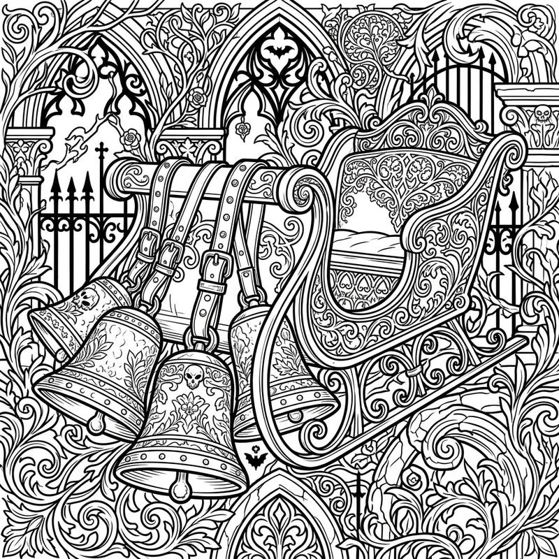 Step into a world of dark enchantment with this unique Gothic Sleigh Bells coloring page. Intricate Victorian details and melancholic elegance offer a captivating artistic challenge for all who dare to explore.