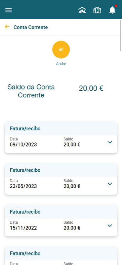 Trofa Saude app screenshot showing the current account balance and medical invoice history