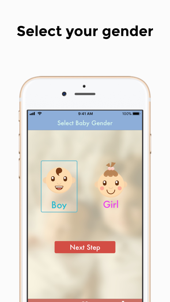 Baby Names Generator - ベビーネームジェネレーターアプリのインターフェイスのスクリーンショットで、男の子と女の子のアイコンが表示された赤ちゃんの性別選択画面が表示されています。