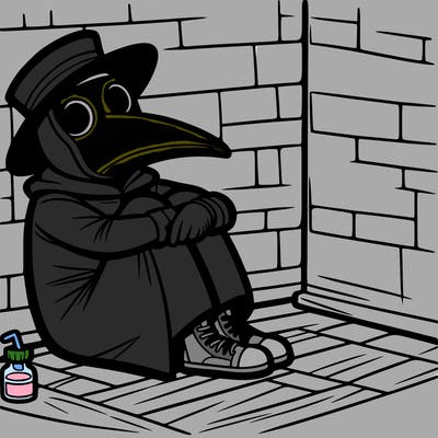 a plague doctor sitting in a corner