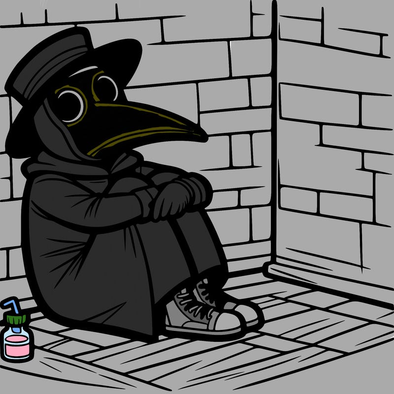 a plague doctor sitting in a corner