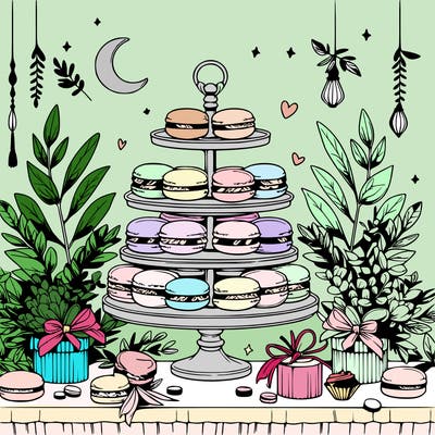 macaron display on a beautiful elegant table with eucalyptus leaves around it and small trinkets