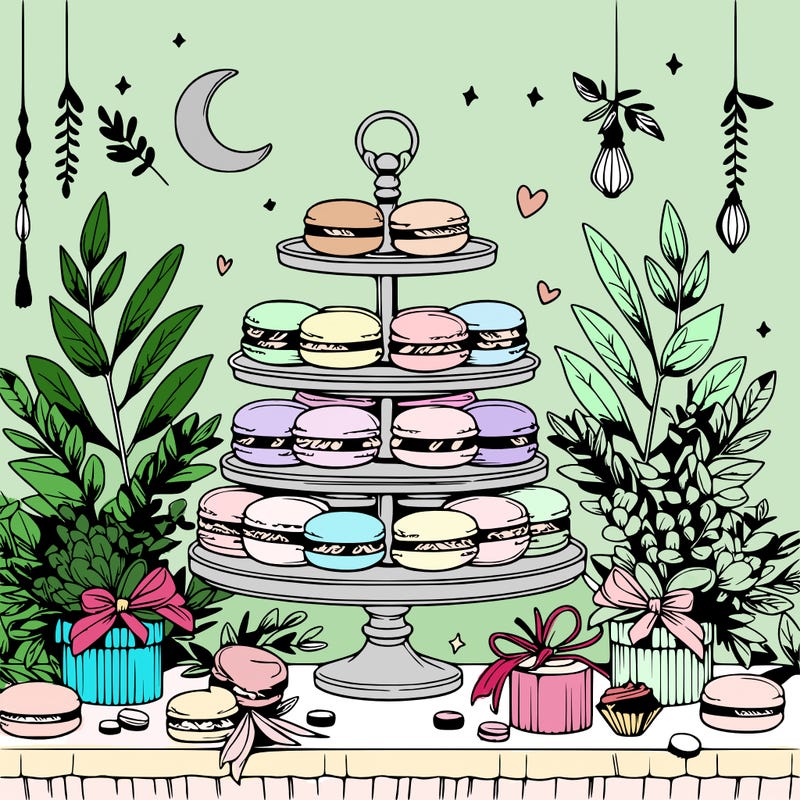 macaron display on a beautiful elegant table with eucalyptus leaves around it and small trinkets