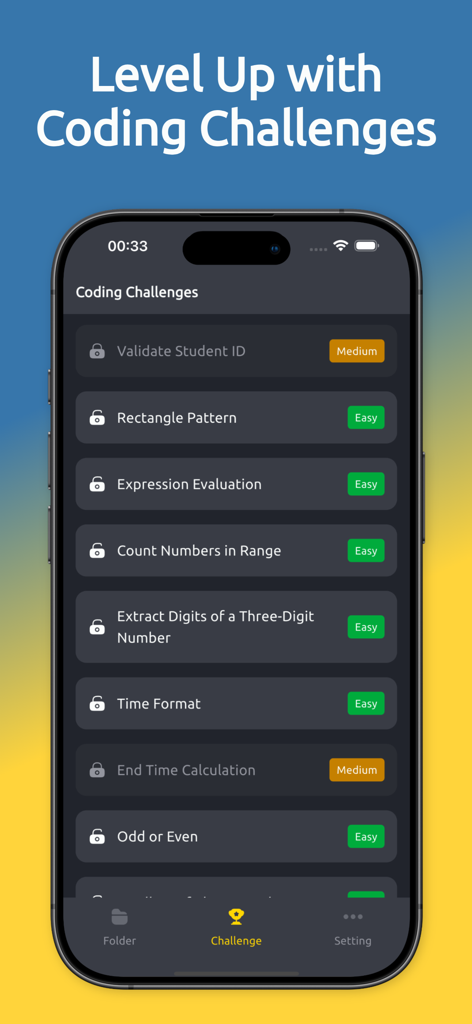 Python Coding Editor 3 IDE App - Lista de desafíos de codificación Python con niveles de dificultad