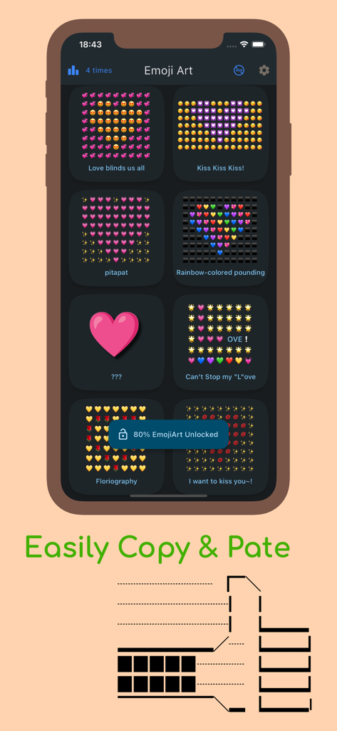 Emoji Art: Copy, Paste Designs - Una pantalla de smartphone que muestra una variedad de diseños de arte emoji con temática de corazón en la aplicación Arte Emoji.