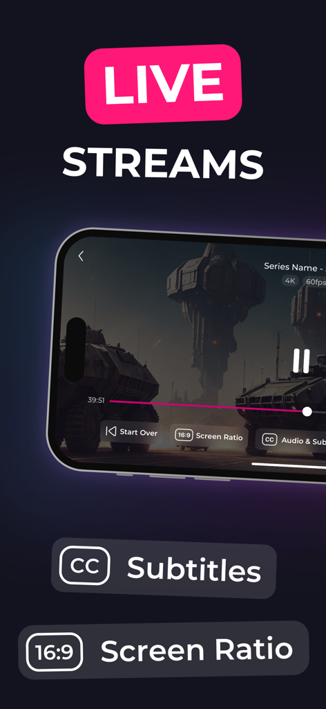 IPTV - Opus Player - Interfaz de transmisión en vivo de IPTV Opus Player para dispositivos móviles mostrando transmisiones en vivo con opciones de subtítulos y relación de pantalla.