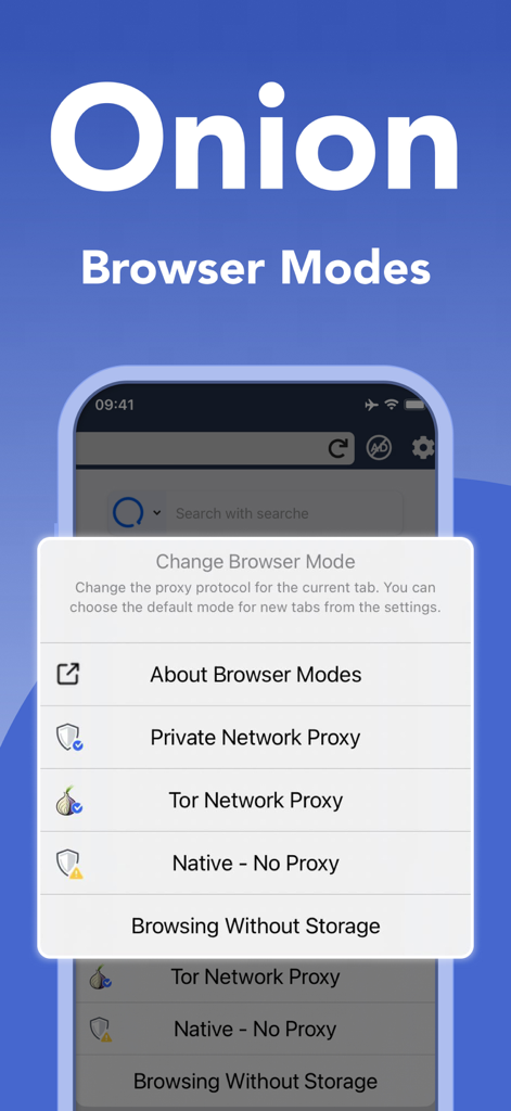 Onion Browser - Unlimited VPN - Menu no aplicativo Navegador Onion mostrando vários modos de conexão, como Proxy da Rede Tor e Proxy de Rede Privada
