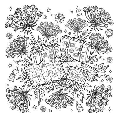 Combine the delicate beauty of Queen Anne's Lace with the excitement of travel in this unique coloring page. Featuring suitcases, maps, and postcards, it's a perfect blend of nature and adventure for your creative escape.