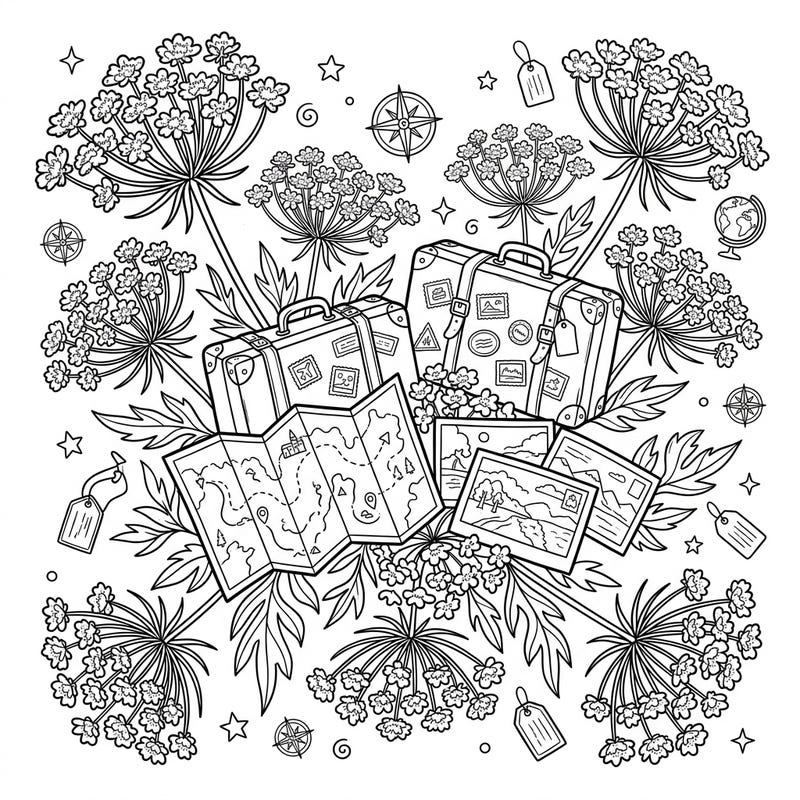 Combine the delicate beauty of Queen Anne's Lace with the excitement of travel in this unique coloring page. Featuring suitcases, maps, and postcards, it's a perfect blend of nature and adventure for your creative escape.
