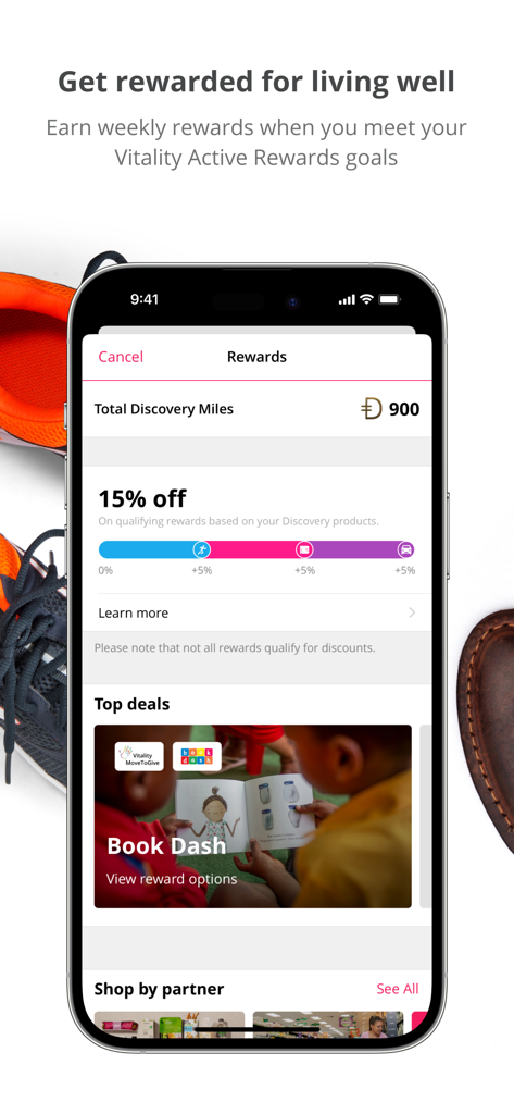 Discoveryアプリの報酬画面。Discovery Milesの残高とアクティブリワードの目標が表示されています。