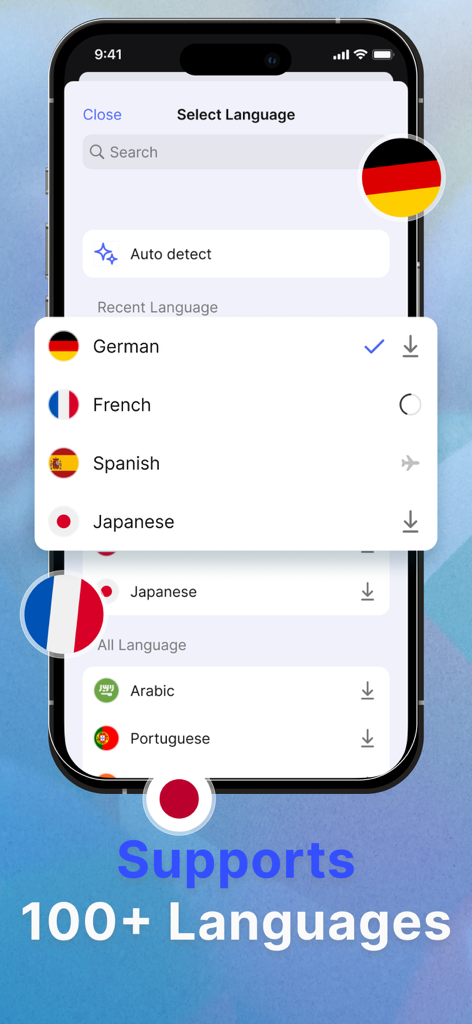 GoTranslator app interface showing a list of over 100 supported languages including German French and Spanish with offline download icons