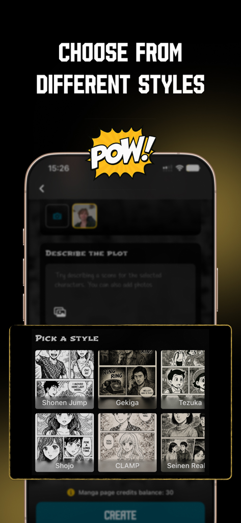 Turn Life into Manga: MangaMe - MangaMe app interface displaying different manga art styles like Shonen Jump Shojo and CLAMP for photo transformation