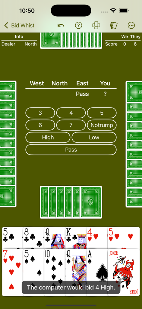 Gameplay screenshot of Bid Whist Expert AI showing a player bidding screen with AI guidance suggesting a 4 High bid.