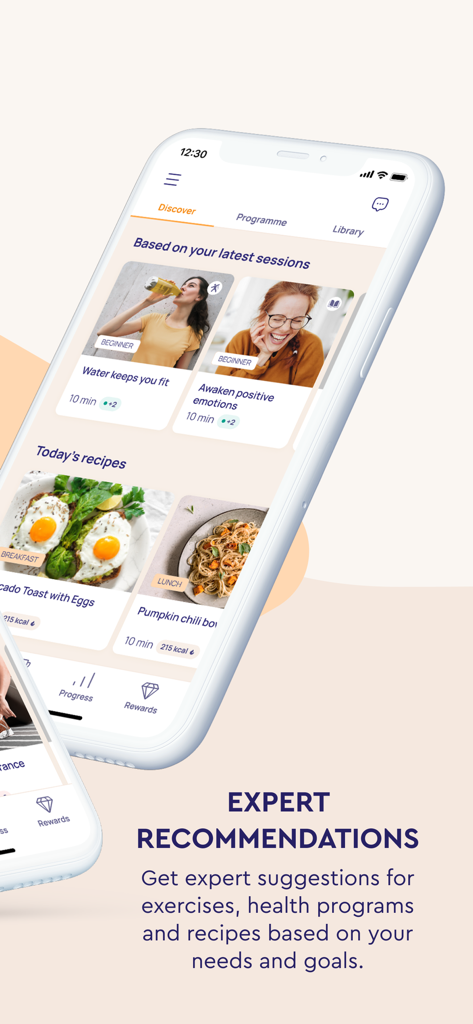 Vity - Vity app interface showing personalized expert health suggestions and healthy recipes