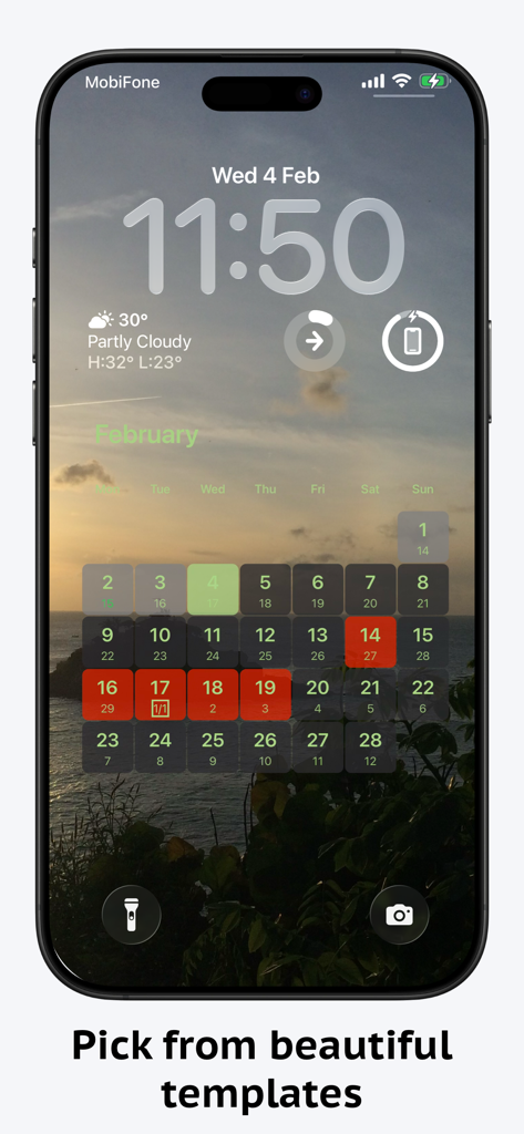 LockScreen Calendar Maker - iPhone lock screen showing a custom calendar wallpaper with an aesthetic nature background and widgets