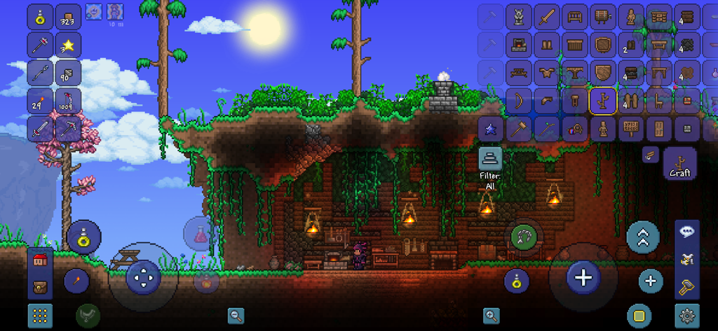 Una captura de pantalla del juego móvil Terraria que muestra a un personaje en una base subterránea con el menú de creación abierto.