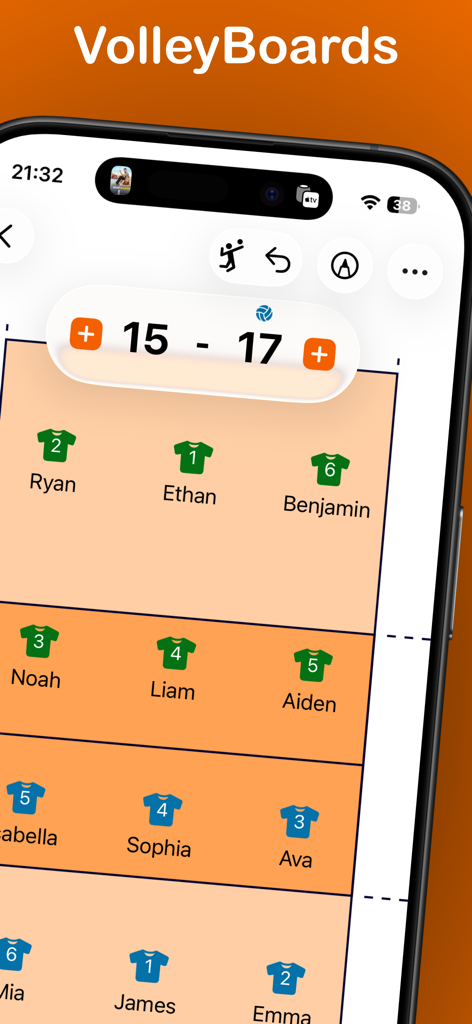 VolleyBoards - A smartphone display of the VolleyBoards app showing volleyball court rotations and a live score tracker.