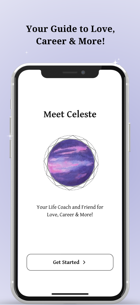 Celeste - Life Guide - Pantalla de bienvenida de la aplicación Celeste Life Guide con un ícono de planeta morado y un botón de Comenzar