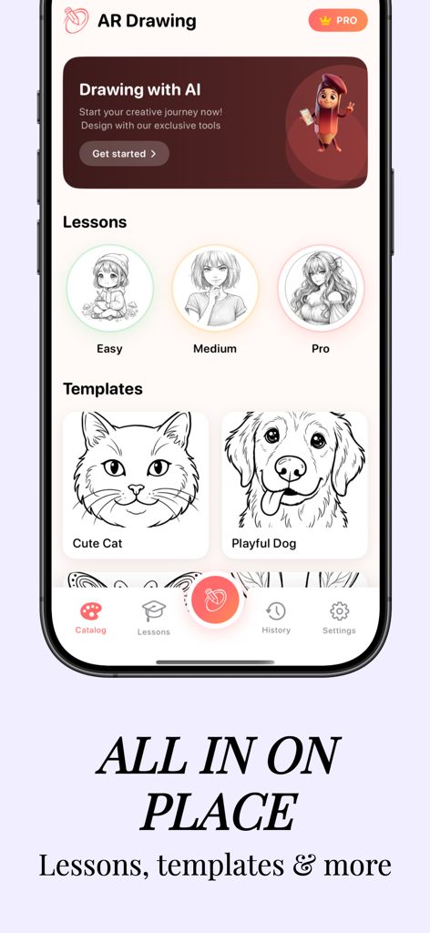 AR Drawing Pro - Trace & Paint - Pantalla de la aplicación AR Drawing Pro con herramientas de dibujo IA, lecciones progresivas y plantillas para calcar para principiantes