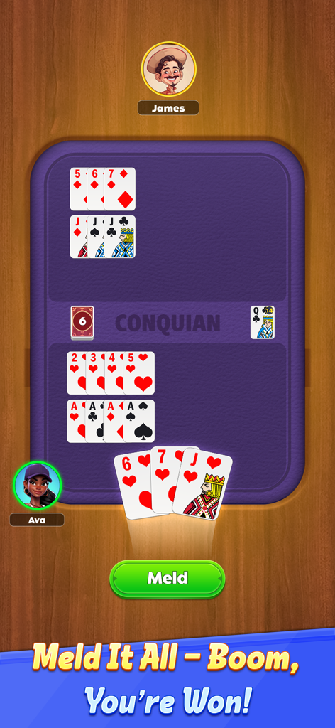 Conquian Card Game - Interfaz del Juego de Cartas Conquian que muestra avatares de jugadores, secuencias de cartas y un mensaje de combinación ganadora