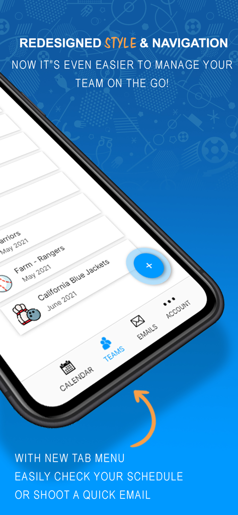 Benutzeroberfläche der TeamSideline Mobile App, die die neu gestaltete Navigation und das untere Tab-Menü für eine einfache Teamverwaltung zeigt