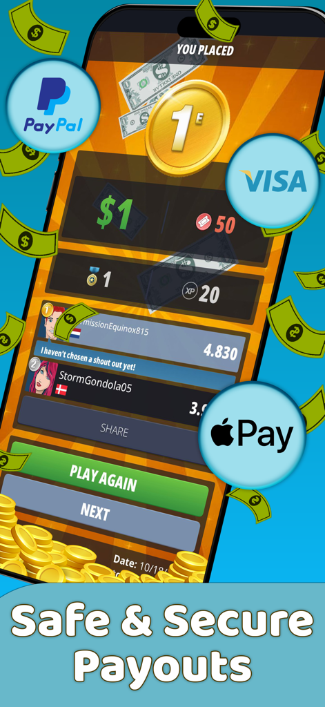 Quezztion: Real Money Trivia - Écran de l'application de trivia Quezztion présentant des options de paiement sécurisées via PayPal Visa et Apple Pay