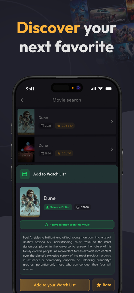 Watch List: TV Series & Movies - Una interfaz de aplicación móvil que muestra resultados de búsqueda de películas para Dune con opciones para agregar a una lista de seguimiento y calificar la película