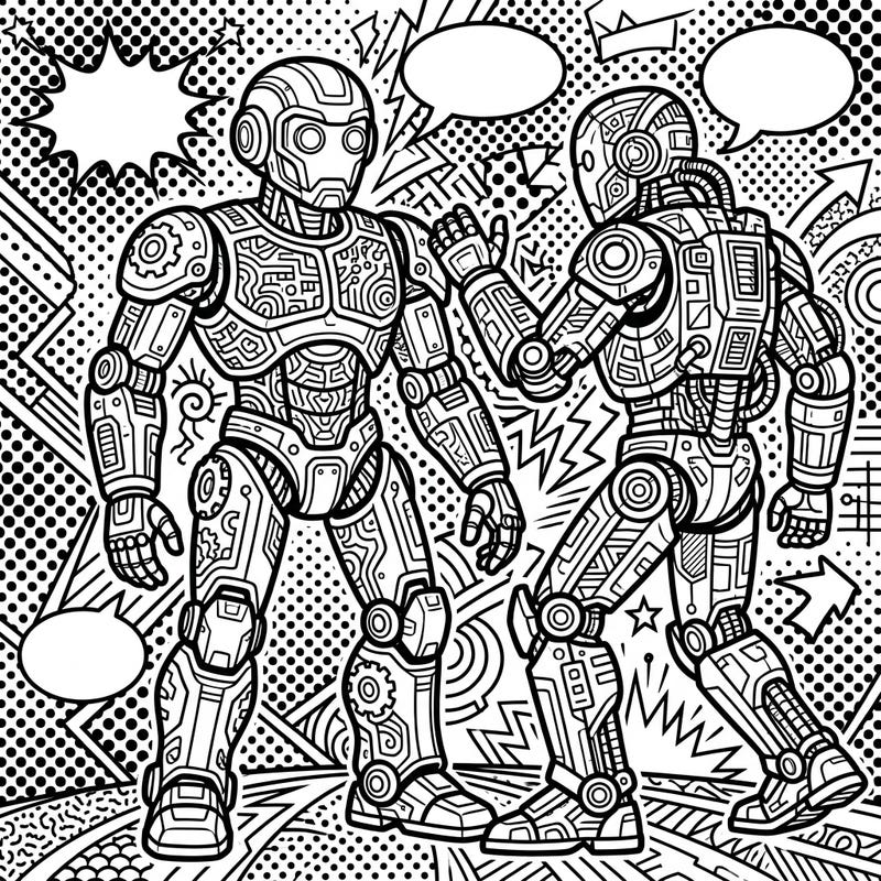 Unleash your creativity with this electrifying Pop Art robot coloring page, designed specifically for adult enthusiasts. Immerse yourself in a world of intricate mechanical details and vibrant comic book aesthetics.