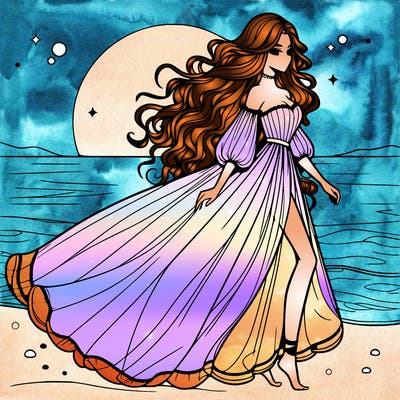 beautiful woman with a vaporous long dress walking on the beach at the noon, detailed art