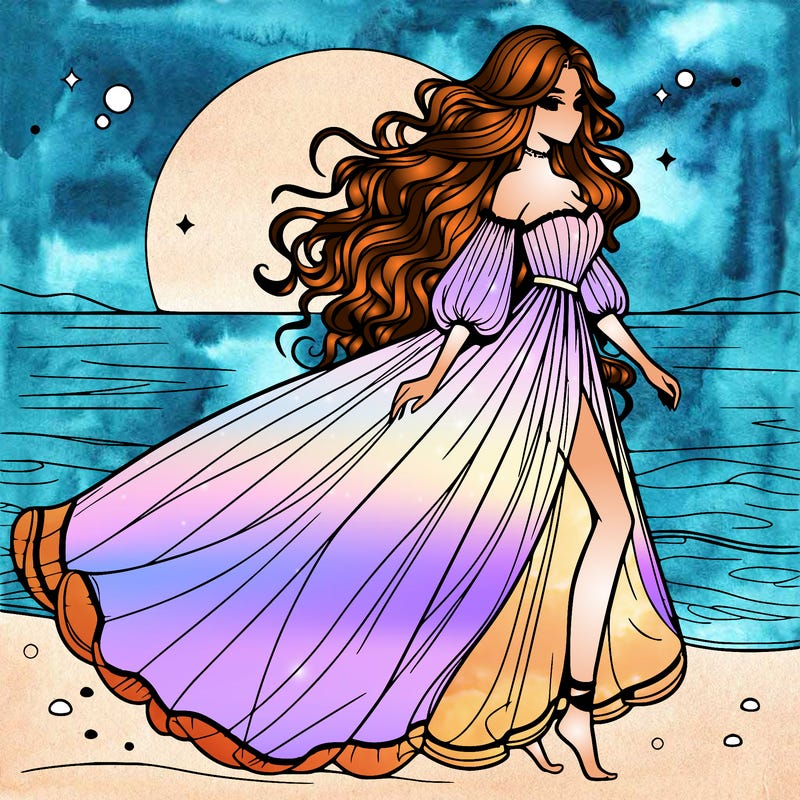 beautiful woman with a vaporous long dress walking on the beach at the noon, detailed art