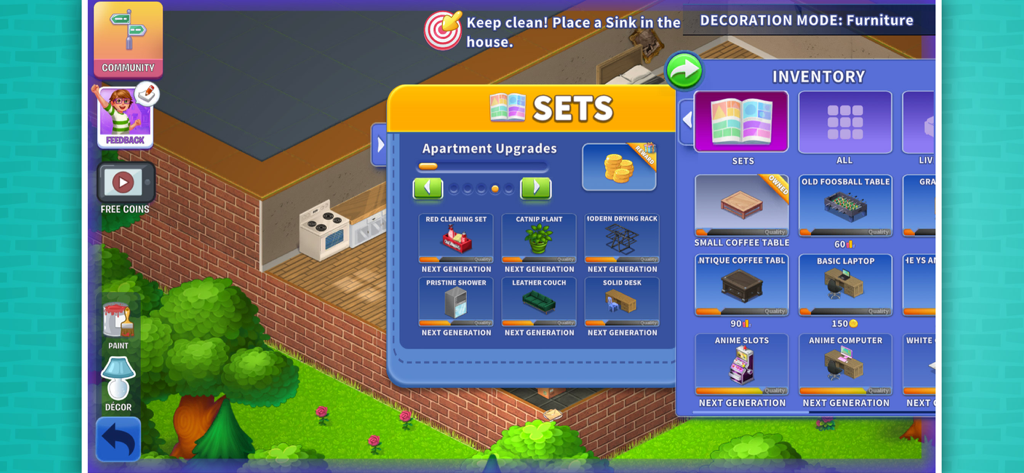 Furniture inventory and apartment upgrades menu in Virtual Families Our New Home