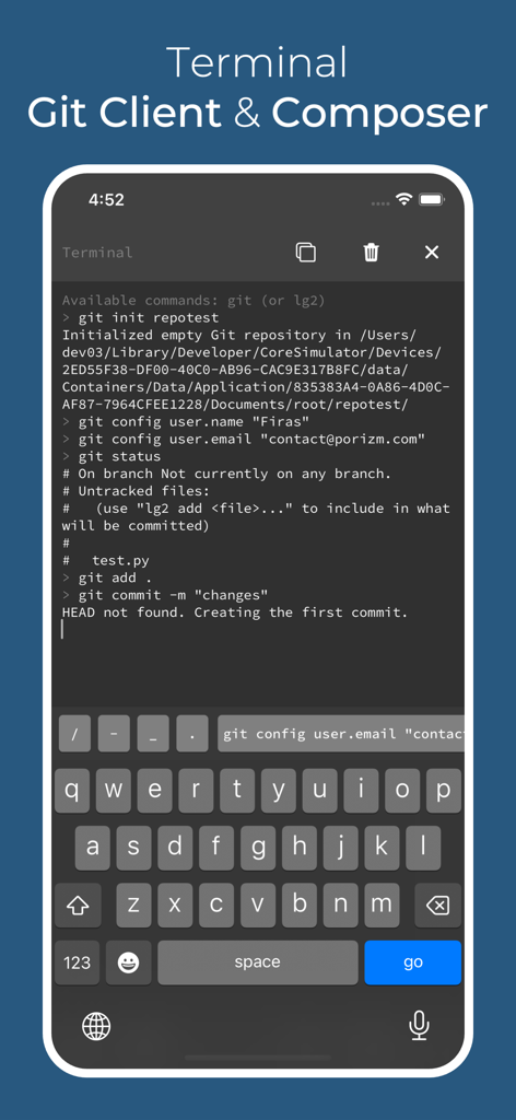phpwin - The phpwin app terminal interface on iPhone showing a Git client and Composer command line