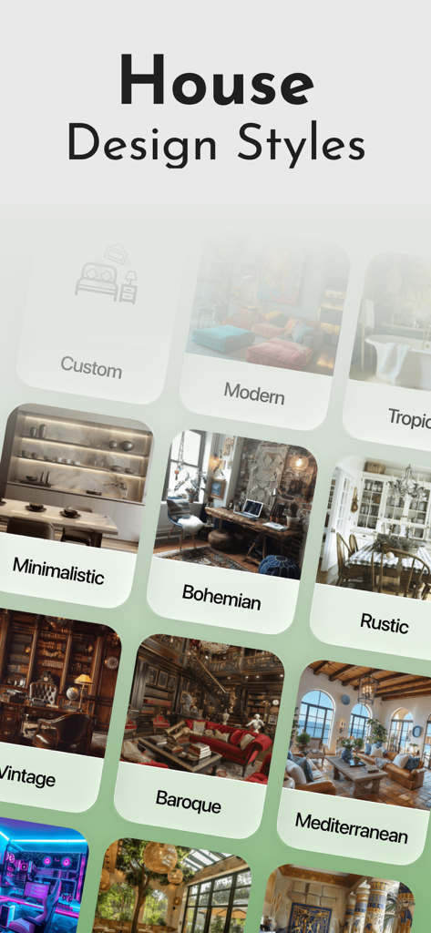 Oberfläche der Home AI App, die verschiedene Hausdesignstile wie minimalistisch, böhmisch und rustikal zeigt.