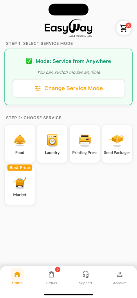 Pantalla de inicio de la aplicación móvil EasyWay que muestra opciones de comida, lavandería, impresión y entrega de paquetes