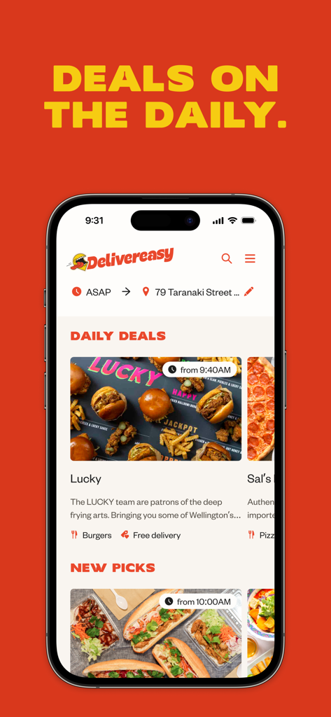 Delivereasy app interface featuring daily food delivery deals and local restaurant picks