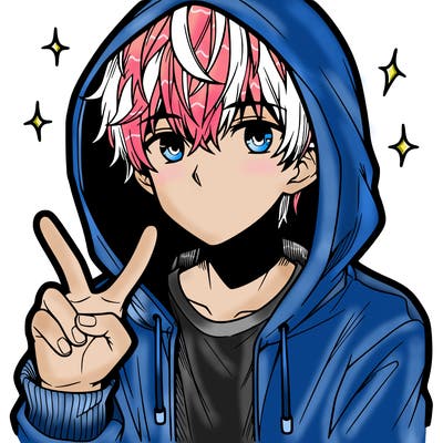 teenage manga boy in a hoodie, doing ✌