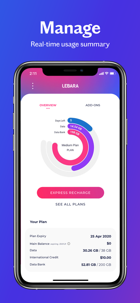 Lebara - Lebara app interface displaying a real-time usage summary with data and credit balances