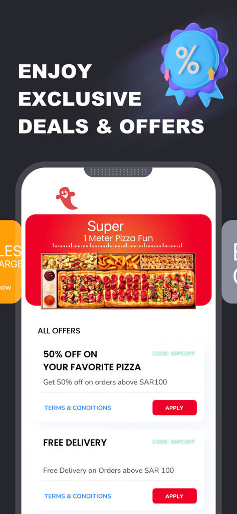 Pizza Hut KSA - Order Food Now - Pizza Hut KSA mobile app screen showing exclusive pizza deals and free delivery offers