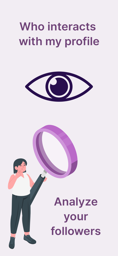 Una persona con una lupa y un icono de ojo para el análisis del perfil de redes sociales.