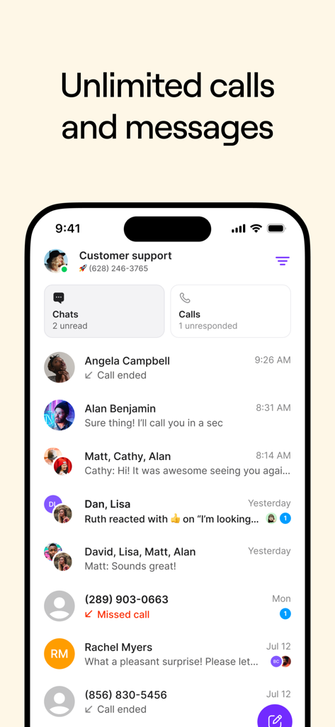 Quo app screen displaying unlimited business calls and messages with contact list and chat history