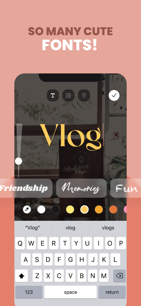 OnBeat: Reels Maker Editor - Interface of the OnBeat app showcasing a variety of aesthetic font styles and a text editor for social media reels.