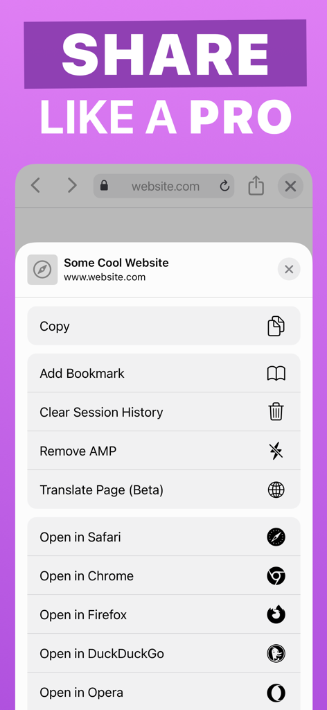 iOS share sheet menu showing Incognito Private Browser utility tools like Remove AMP and Clear Session History